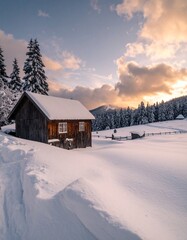 A view of a lodge deep in the mountains surrounded by snow　雪景色に包まれた山奥のロッジの風景