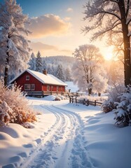 A view of a lodge deep in the mountains surrounded by snow　雪景色に包まれた山奥のロッジの風景