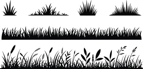 Naklejka premium Set of hand drawn floral silhouettes including leaf wreaths decorative branches and meadow grass elements for wedding invitations logo design and elegant spring nature backgrounds