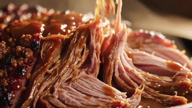 Juicy pulled pork covered in barbecue sauce being shredded with a fork, close-up