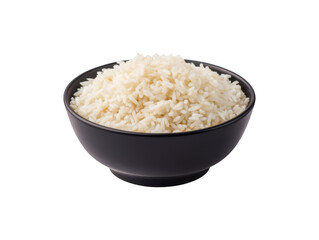 Cooked rice in a dark bowl, a staple food of many cultures, perfect for everyday meals
