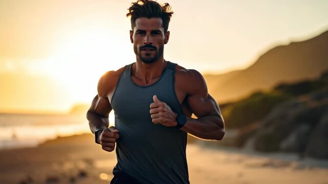 Muscular man running on beach at sunset, engaged in fitness