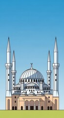 Large mosque with four minarets standing tall.