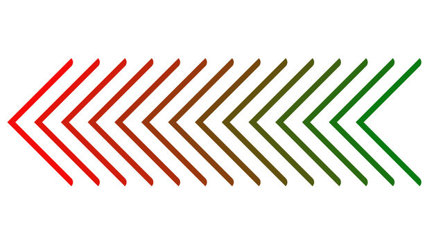 Line of chevron arrows moving from red to green, indicating a spectrum of colors and directional flow. Versatile vector graphic for presentations and design.