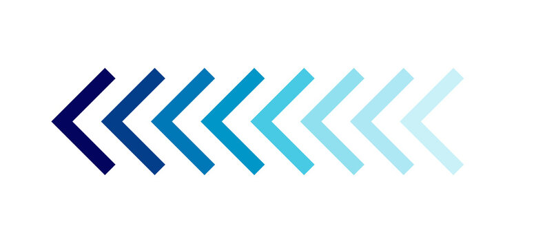 Series of blue chevron arrows fading from dark navy to light sky blue, pointing left. Clean vector graphic representing a cool gradient of direction and flow.