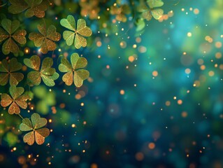 Glowing Shamrock Bokeh Background with Gold Sparkles for St. Patrick&rsquo;s Day