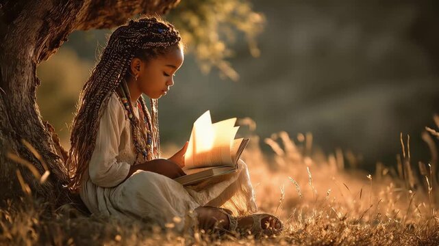 Girl reads a book under a tree during golden hour in a field, enjoying nature and a moment of quiet reflection and learning while surrounded by tall grass