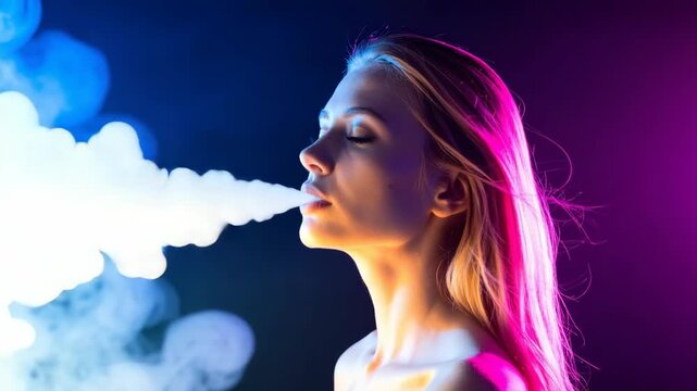 Woman exhaling white smoke with neon pink and blue lighting