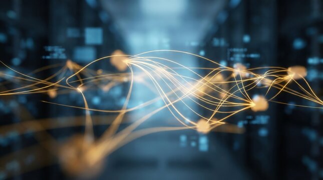 Abstract network connection with glowing orange lines and data points on a dark blue background