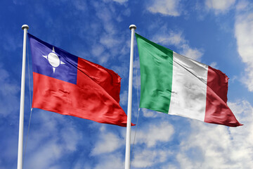 International Partnership and Diplomatic Alliance Represented by the National Flags of Taiwan and Italy Waving Together Under a Bright Blue Sky Symbolizing Global Unity.