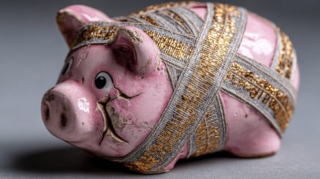 Piggy bank with cracked surface and golden ribbon, creativity, savings, financial concept, economic challenges, decorative accent