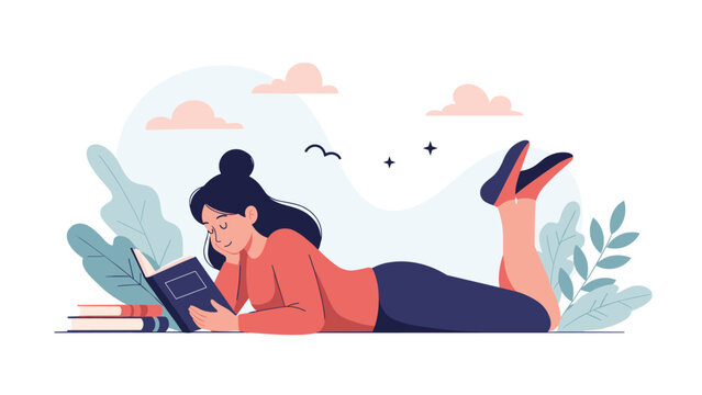 Young woman lying on the floor comfortably reading a book surrounded by leaves and clouds in a peaceful environment.
