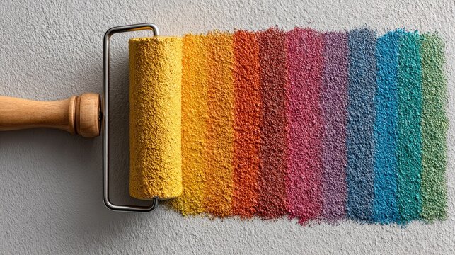 Vibrant Color Palette with Paint Roller Applying Stripes of Paint on Textured Wall Surface