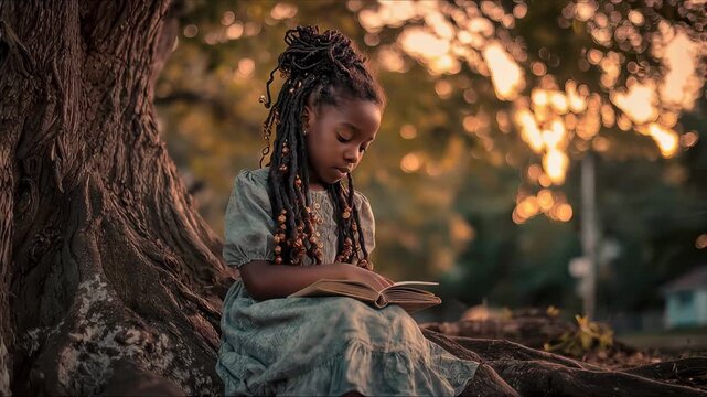 Young girl sits by tree reading book as sunset lights up the background in a quiet park scene during evening hours