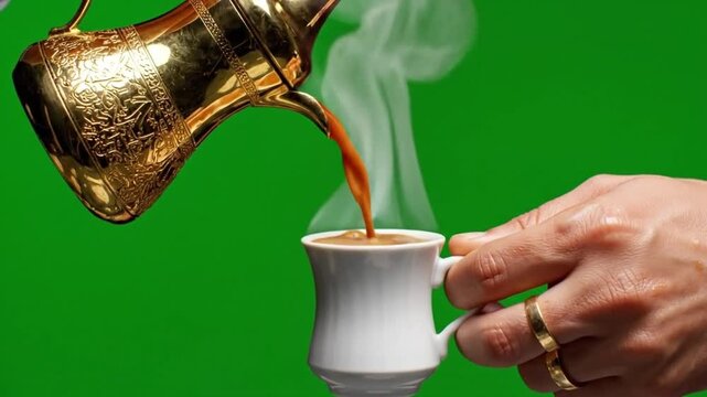 Golden Dallah Pouring Traditional Qahwa into Fanjan Cup on Green Screen - Arabic Hospitality Chroma Key Footage.
