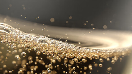 Macro Shot of Champagne Bubbles Rising in Glass With Copy Space