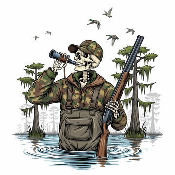 Skeleton hunter wearing camouflage waders blowing duck call in swamp with flying mallards