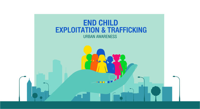A compelling graphic illustrating urban awareness against child exploitation and trafficking, with colorful figures held in a protective hand above a city skyline.