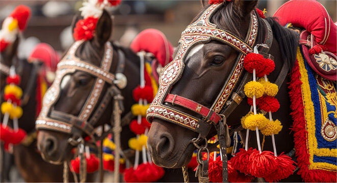 Ghode Jatra Traditional Accessories Close Up of Ceremonial Saddles Bridles and Decorations