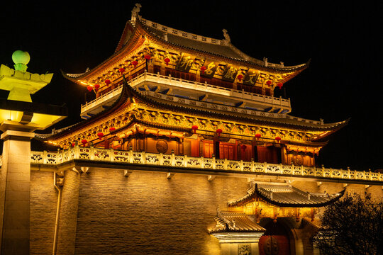 Illuminated Wenxian Tower at Night in Dali, Yunnan, China