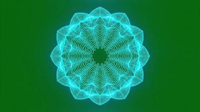 Cyan Wireframe Lotus Mandala Pulsating on Dark Green Background - High-Tech Animated Intro