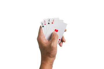 close up of adult hand holding four aces poker cards. isolated on white background. transparent png