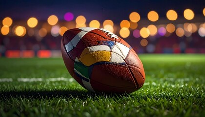Classic American football rests on green grass under glowing stadium lights, blurred bokeh background radiates anticipation, energy, and drama of a high‑stakes game night.