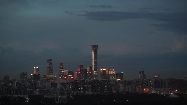 Beijing CBD Skyline at Dusk with Thunderstorm Clouds