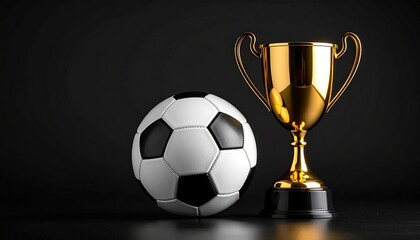 Classic black‑and‑white soccer ball beside golden trophy, spotlighted against dark background, symbolizing victory, achievement, and celebration of success in championship sports and competitive trium