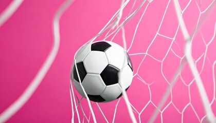 Soccer ball strikes net against vibrant pink backdrop, symbolizing achievement, energy, and triumph, with abstract light spots enhancing the dynamic celebration of sport and success.
