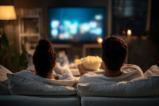 Couple enjoying movie night at home watching tv