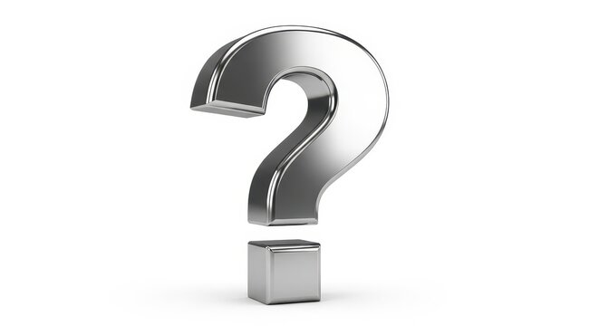 A shiny silver question mark symbol is isolated on a pure white background, illustrating concepts of knowledge, mystery, and solutions, 3D render, support, question mark