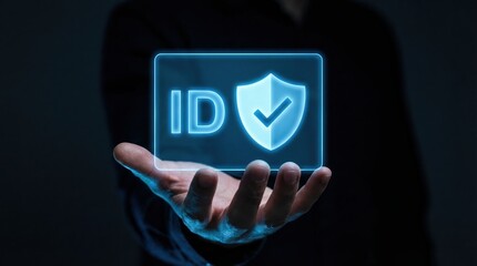 identity verification security digital protection authentication privacy technology concept with a hand holding a glowing futuristic hologram icon for safe personal data and info