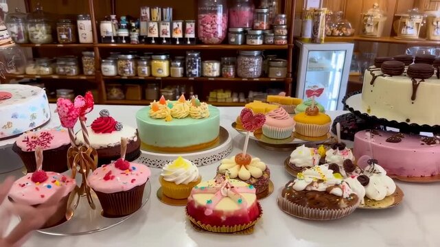 Display of numerous cakes and cupcakes with diverse decorations on a white table in a bakery