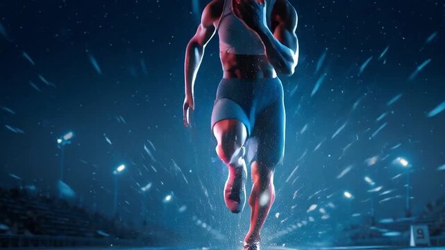 Runner at Starting Blocks in Heavy Rain at Night