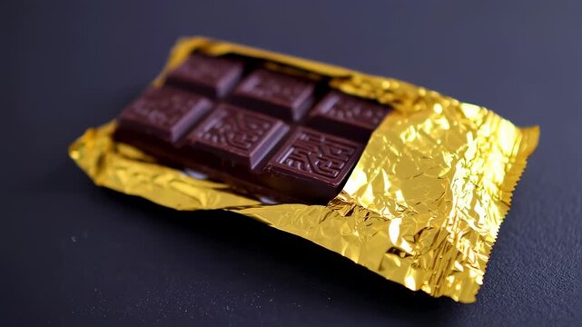 A dark chocolate bar, partly unwrapped in a gold foil wrapper, rests on a black surface