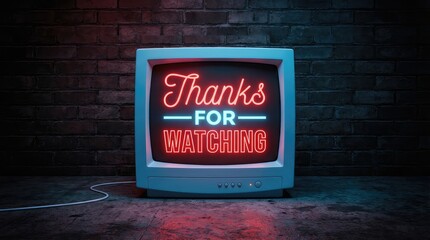 Obraz premium Vintage CRT television glowing with bright neon thanks for watching message in a dark retro setting