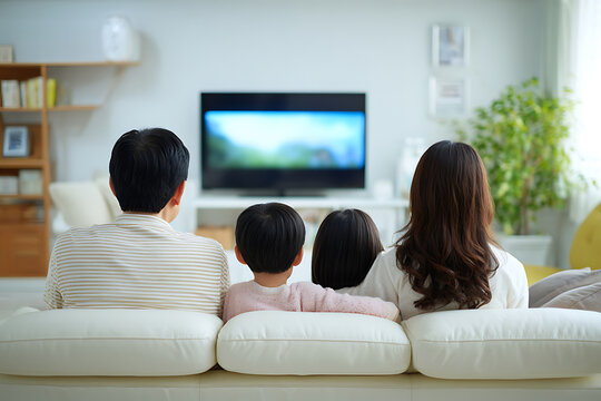 Family watching television together on sofa