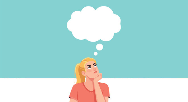 Thoughtful woman pondering with a thinking bubble above her head in a light blue background