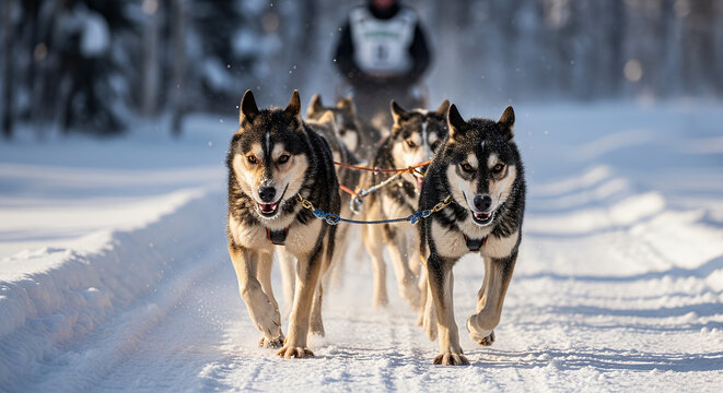 Iditarod Trail Sled Dog Race Close Up of Sled Dog Team in Motion with Snow Detail