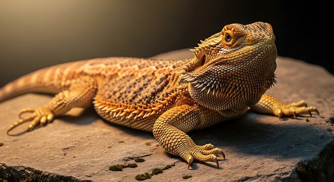 Close-up portrait of a bearded dragon lizard resting under warm light. Detailed reptile skin texture and calm expression.