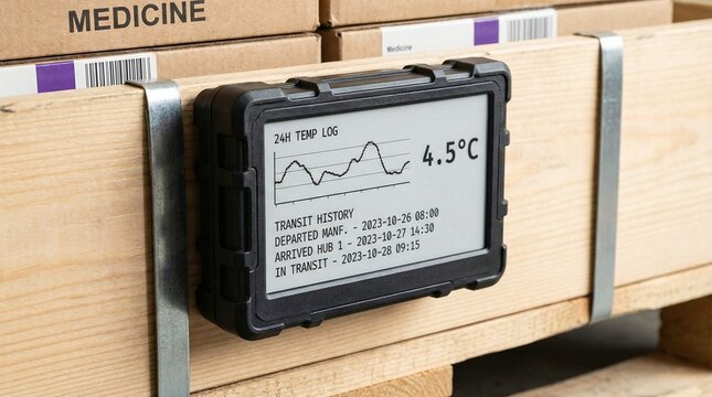 Temperature logger displaying 24 hour temperature log and transit history on medicine boxes