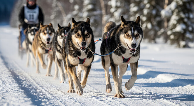 Iditarod Trail Sled Dog Race Close Up of Sled Dog Team in Motion with Snow Detail