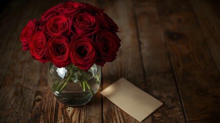 Red roses in a glass vase with golden blank note on wooden background.