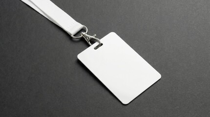A pristine blank white identification card with a white lanyard and silver clip resting on a dark gray texture