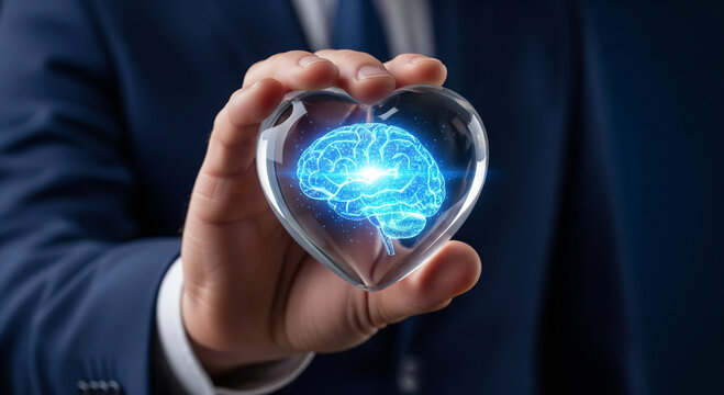 A hand holding a glass heart with a blue digital brain inside, perfect for emotional intelligence concepts and psychology plans