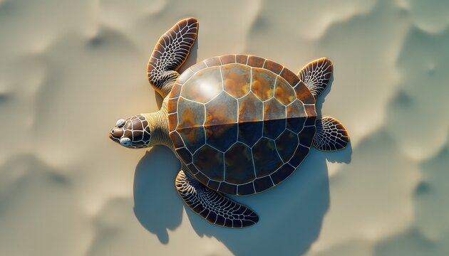 Close-up overhead view of a solitary sea turtle with intricate shell patterns resting on a textured sandy beach under