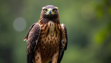 Close Up Portrait Of A Crested Serpent Eagle Perched On A Branch In A Lush Green Forest