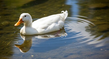 White duck swimming peacefully on calm water with soft natural reflections. Serene wildlife scene in a natural lake environment.