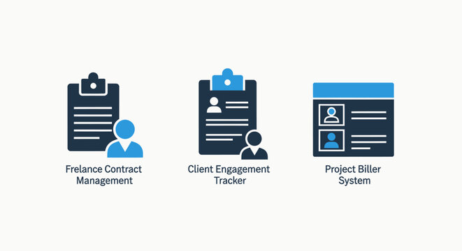 Business and management icons: freelance contracts, client engagement tracking, and project billing.